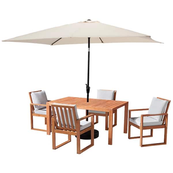 Alaterre Furniture 6-Piece Set, Weston Wood Outdoor Dining Table Set with 4-Cushioned Chairs, 10 ft. Rectangular Umbrella Beige