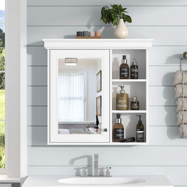 30.07 in. W x 28.74 in. H Rectangular MDF Medicine Cabinet in White with Mirror and 6-Open Shelves