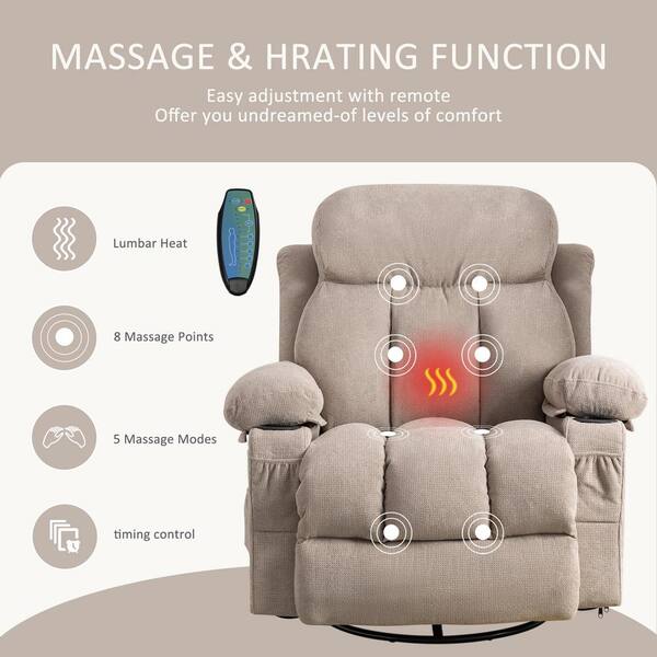 YOFE Large Light Brown Fabric Manual Recliner Chair with USB and 2-Cup  Holders, 360° Swing Massage Heated Single Sofa Chair  CamyBE-GIS00007W1521-Recliner01 - The Home Depot