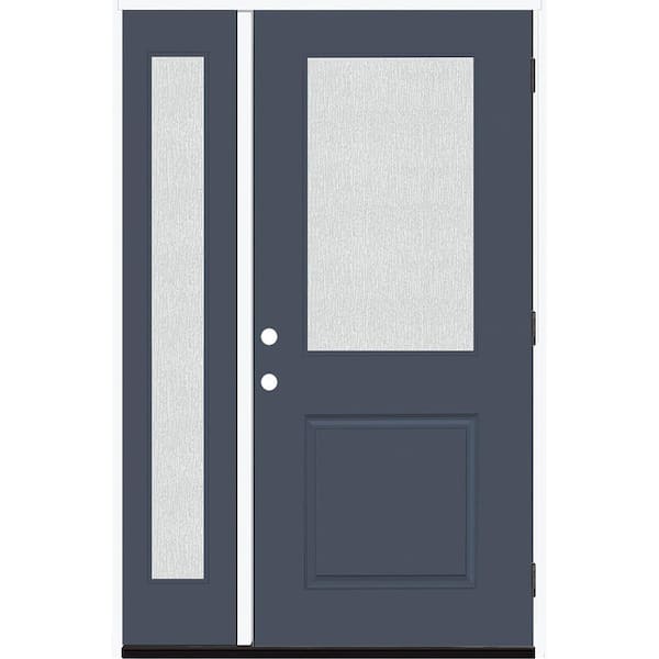 Steves & Sons Legacy 51 in. W x 80 in. 1/2 Lite Rain Glass LHOS Primed Dark Denim Finish Fiberglass Prehung Front Door with 12 in. SL
