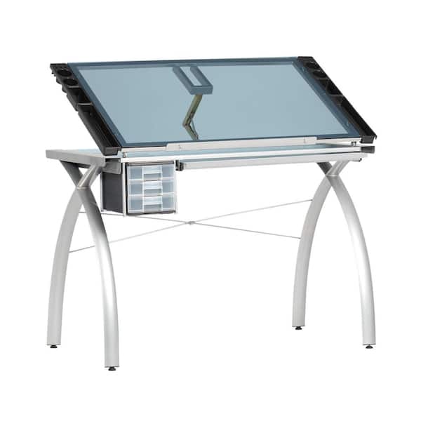 Studio Designs Futura Collection 38 in. W Silver/Blue Glass Metal and Glass Craft Table with Storage and Angle Adjustable Top