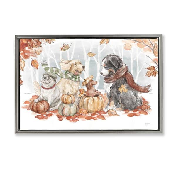 Stupell Industries Autumn Fun Dogs by Mary Urban Gray Floater Frame Graphic Typography Art Print 17 in. x 25 in.