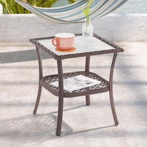 Patio Water Rippled Glass Side Table, Brown Rattan Coffee Table, Outdoor Secondary Space End Table