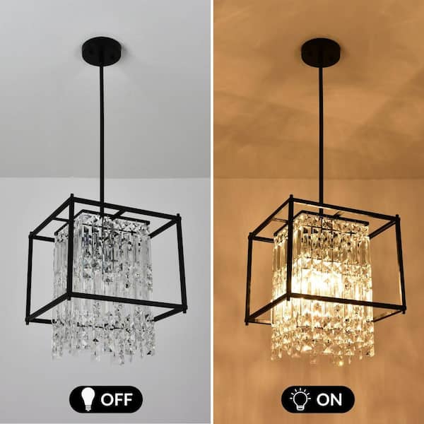 Kinlea 4-Light Black Vintage Crystal Modern Rectangle Chandelier for Dining Room Living Room Foyer Hallway Entry
