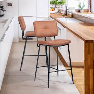 Indep 27 in. Brown Faux Leather Set of 2,Metal Frame Bar Stools, Kitchen Counter stool with Square Seat and Back,Armless