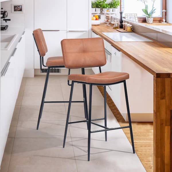 Homy Casa Indep 27 in. Brown Faux Leather Set of 2,Metal Frame Bar Stools, Kitchen Counter stool with Square Seat and Back,Armless