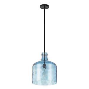 11.8 in. 1-Light Black Island Pendant Light Industrial Hanging Light with Blue Glass Shade