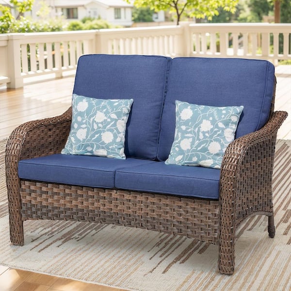 1-Piece Wicker Patio Conversation Set Outdoor Loveseat, Lounge Sofa with Blue Cushions