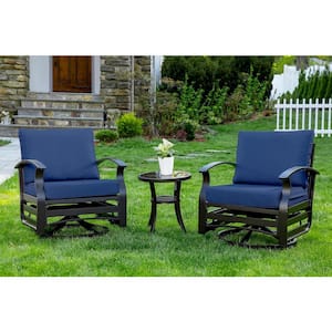 3-Piece Aluminum Swivel Outdoor Rocking Chairs Patio Conversation Set with Navy Cushions and Table, Garden, Backyard