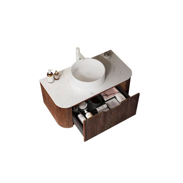 JimsMaison 36 in. W x 19 in. D x 20 in. H Wall-Mounted Bath Vanity in Walnut with White Ceramic Top