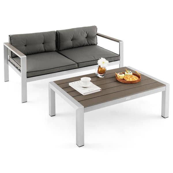 Gymax 2-Pieces Outdoor Aluminum Loveseat and Coffee Table Set with Cushions Patio Furniture Set