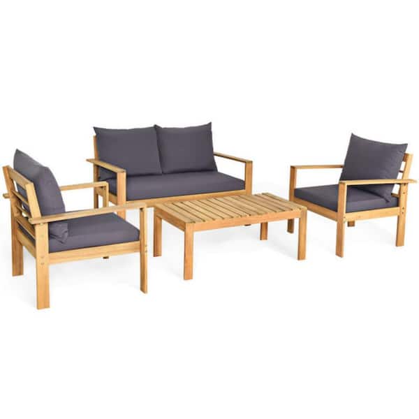 Clihome 4-Piece Acacia Wood Outdoor Patio Conversation Set with Gray Cushions Water Resistant