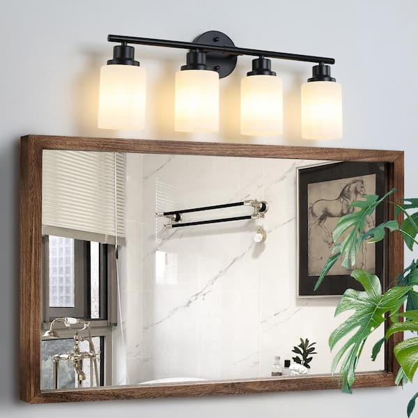 24.4 in. W 4-Light Vanity Lighting Fixture Mirror Light, Frosted White Glass with Black Frame, E26, No Bulbs Included
