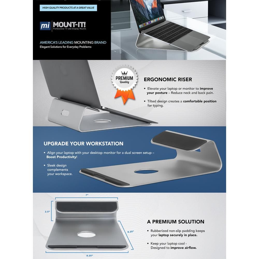 Ergonomic Silver Aluminum Tilted Laptop Riser Stand