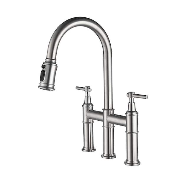 FORCLOVER Double-Handle Deck Mount Brass Gooseneck Pull Down Sprayer Bridge Kitchen Faucet in Brushed Nickel