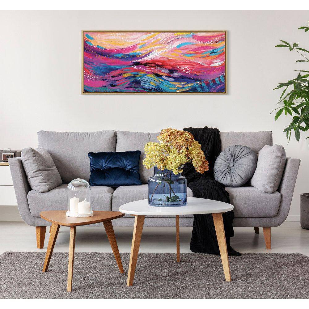 Vibrant Multicolor Abstract Canvas Wall Art with Gold Frame, 18 x 40