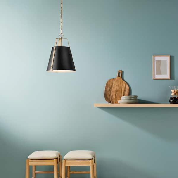 Etcher 18 in. 2-Light Black and Champagne Bronze Traditional Shaded Hanging Pendant Light with Metal Shade