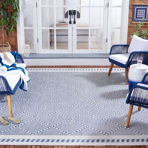 Courtyard Navy/Ivory 9 ft. x 12 ft. Border Diamond Indoor/Outdoor Area Rug