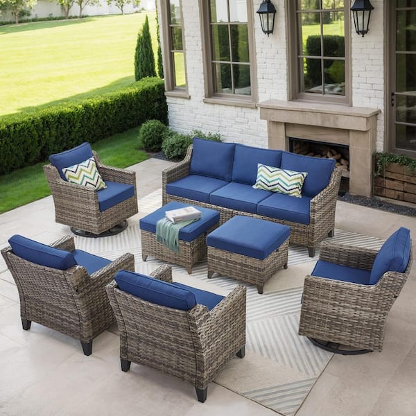Buenaola Nyajiah 7-Piece Wicker Patio Conversation Set with Blue Cushions
