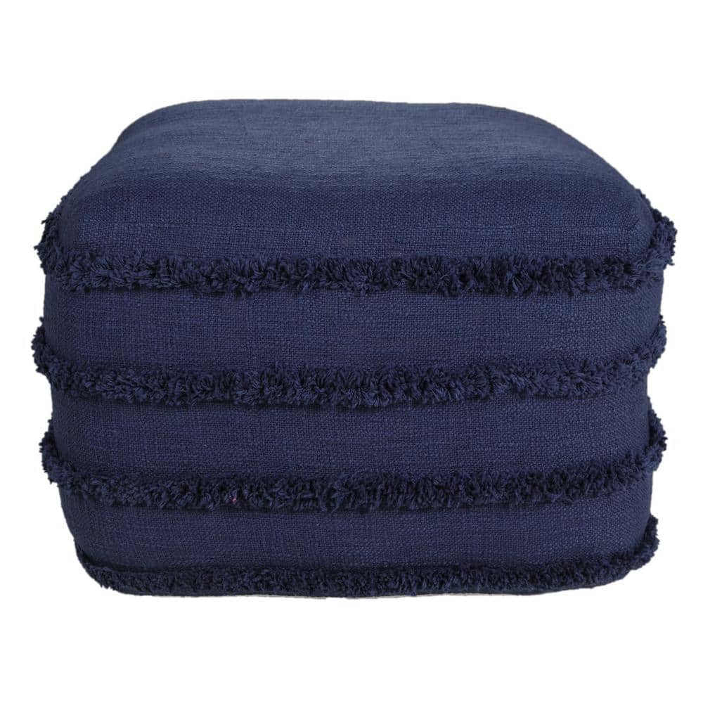 Contemporary Navy Blue Cotton Tufted Pouf Ottoman