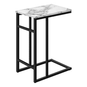 24 in. White Marble Look Laminate Accent Table C Shaped End Table with Black Metal, Contemporary, Modern
