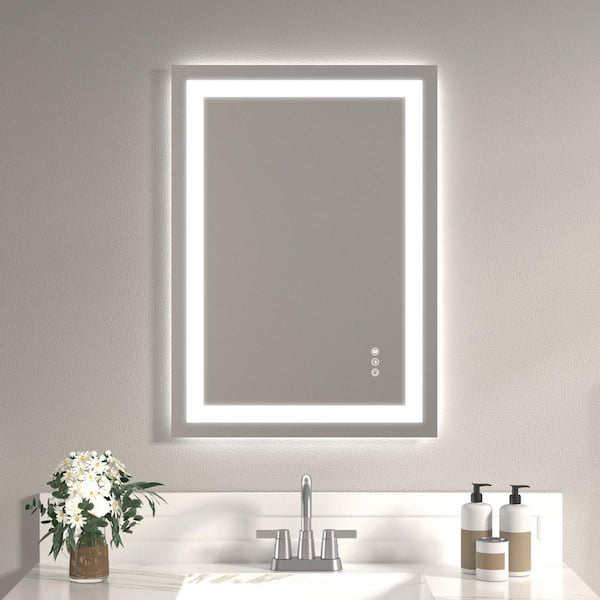 20 in. W x 28 in. H Rectangular Frameless Mirror Dual LED Light Fit Wall Bathroom Vanity Mirror in White