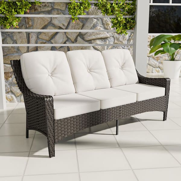 3-Seat Brown Wicker Outdoor Couch Patio Sofa with Deep Seating and Beige Cushions