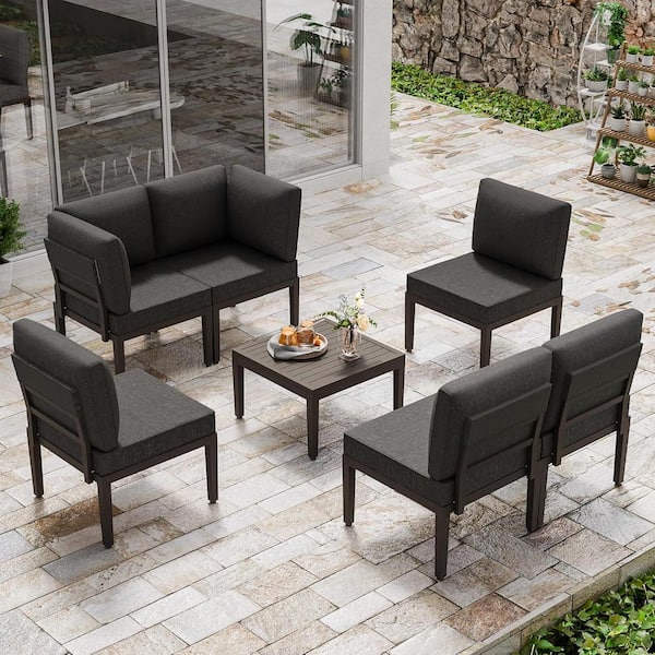 7-Piece Black Metal Patio Conversation Set with Black Cushions, Coffee Table