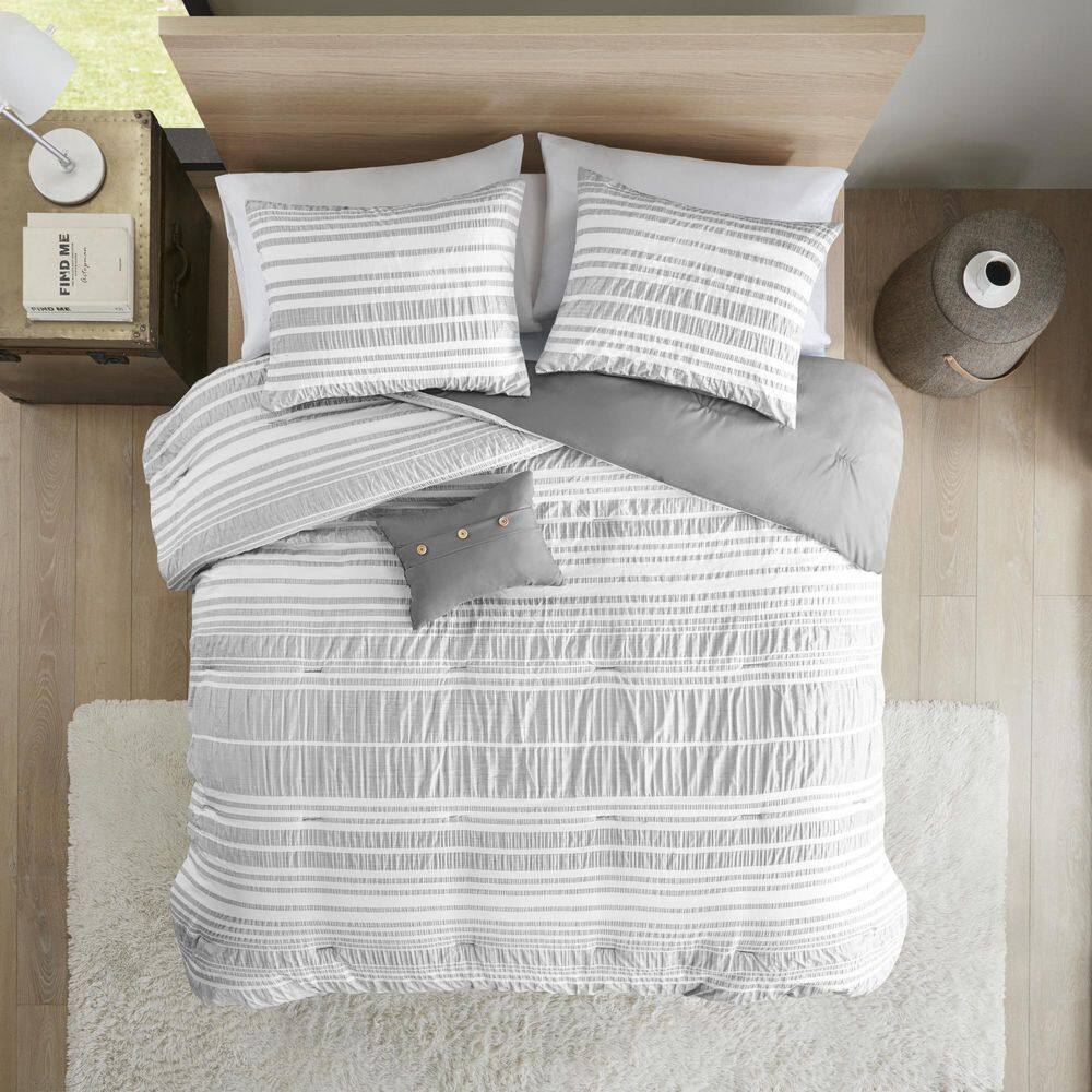 Gray Full Microfiber Striped Comforter Set with Decorative Pillow