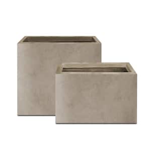23.6" & 19.4"L Rectangular Weathered Finish Lightweight Concrete Long Planter w/ Drainage Hole Set of 2 Outdoor/Indoor