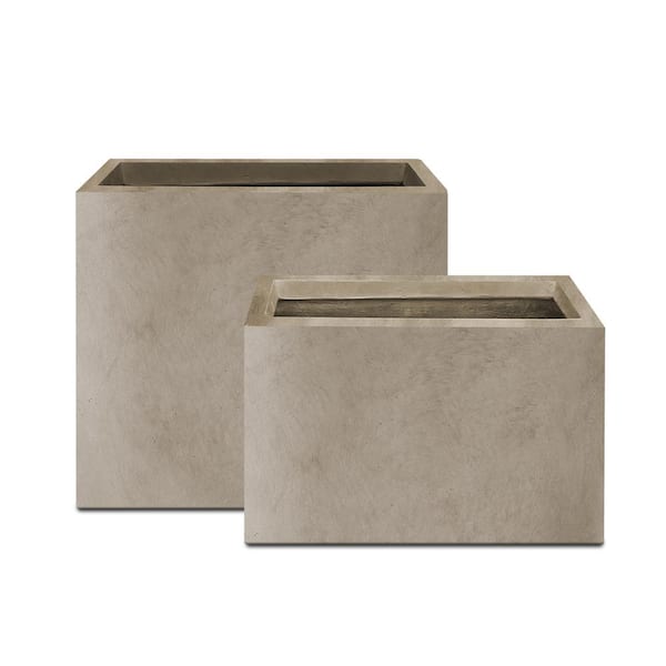 KANTE 23.6" & 19.4"L Rectangular Weathered Finish Lightweight Concrete Long Planter w/ Drainage Hole Set of 2 Outdoor/Indoor
