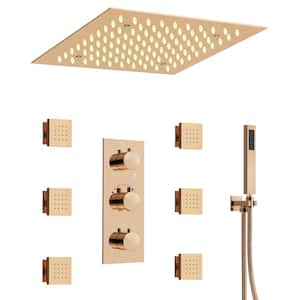 5-Spray Square Dual Ceiling Mount Shower Heads, Fixed and Handheld Shower Head 2.5 GPM with 12 in. 64 LED in Rose Gold