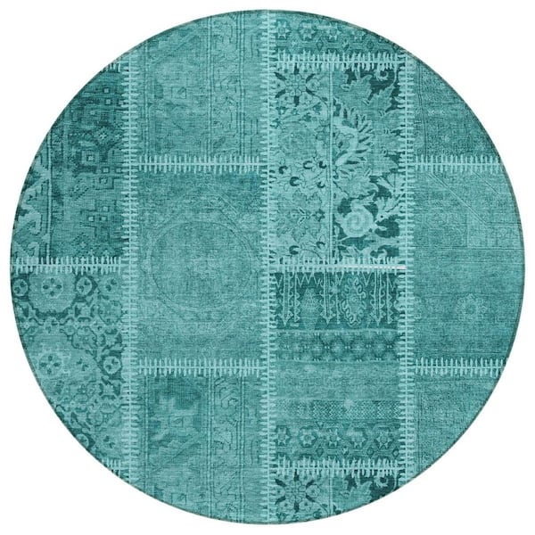 Turquoise, Teal Blue, Aqua 8 ft. Round Woven Plaid Polyester Round Indoor/Outdoor Area Rug