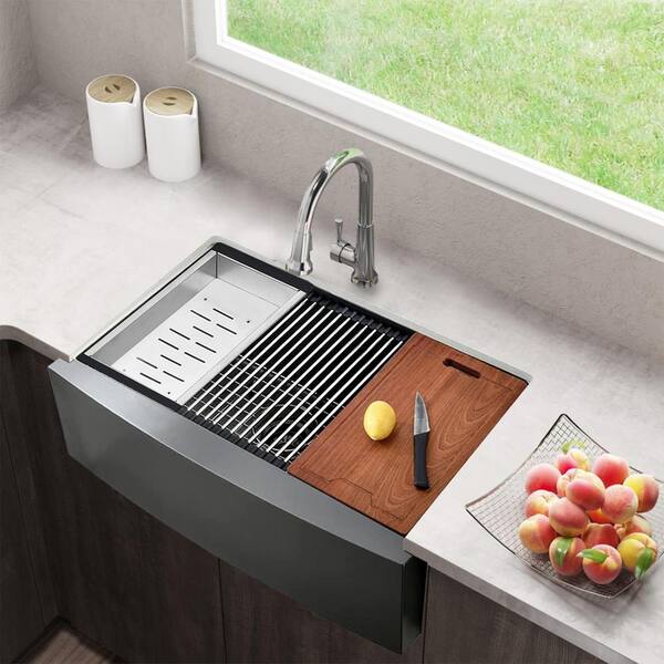 UPIKER Gunmetal Black 16 G Stainless Steel 36 in. Single Bowl Farmhouse Apron Workstation Kitchen Sink with Drainboard and Grid