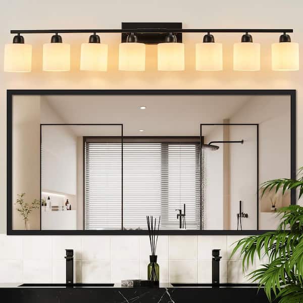 52 in. 8-Light Black Modern Vanity Light Wall Lamp Sconce Over Mirror with Frosted Milky White Glass Shade