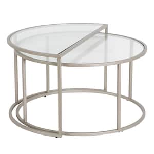 Luna 30 in. Satin Nickel Round Glass Nested Coffee Table with 2-Pieces