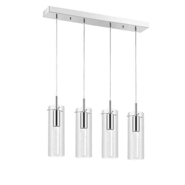 Mium 29.5 in. 4-Light Modern Style Iron/Crystal/Glass Integrated LED Linear Pendant Light, Chrome