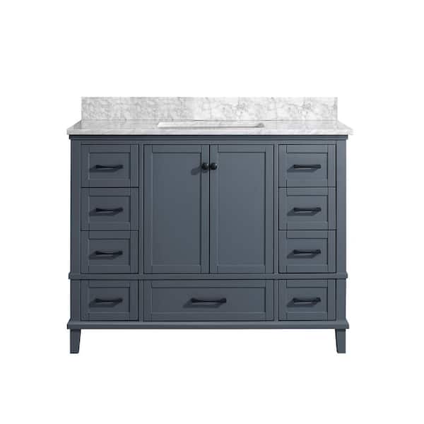 Merryfield 43 in. Dark Blue-Grey Vanity with White Marble Top and 24 in. Mirror Combo