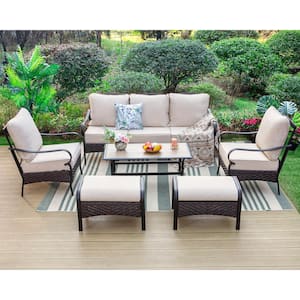 Black Rattan 7 Seat 6-Piece Steel Outdoor Patio Conversation Set with Beige Cushions and Table with Wood-Grain Top