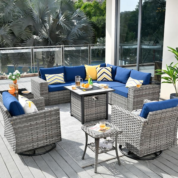 HOOOWOOO Crater Grey 10-Piece Wicker Patio Fire Pit Conversation Sofa Set with Swivel Rocking Chairs and Navy Blue Cushions