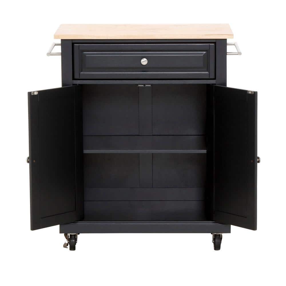 Black Wood Kitchen Cart with Natural Top and Storage