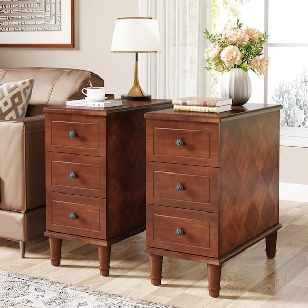 BYBLIGHT Kerlin 23.62 in. W Brown Rectangle Fully (Set of 2) Assembled Wood End Side Table 3-Drawers Bedside Nightstand 2-Pieces
