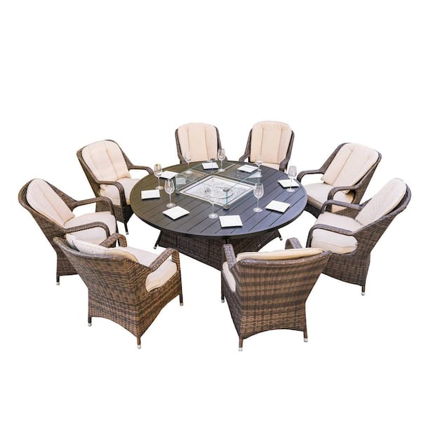 Direct Wicker Irene Brown 9 Piece Outdoor Fire Pit Set With Round Table And Beige Cushions Dwg 1108 - Round Garden Furniture Set With Fire Pit