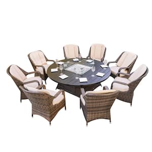 Jade 70 in. x 70 in. x 27 in. Round Brown Wicker Outdoor Gas Fir Pit Table with Chairs