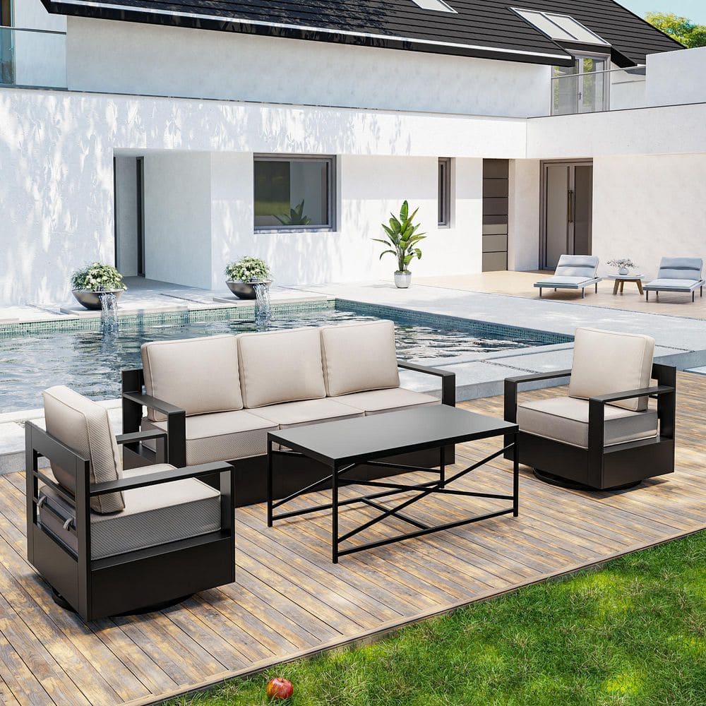 4-Piece Modern Metal Outdoor Patio Furniture Set Swivel Chairs with Beige Cushions and Coffee Table price history on PriceWatchPro