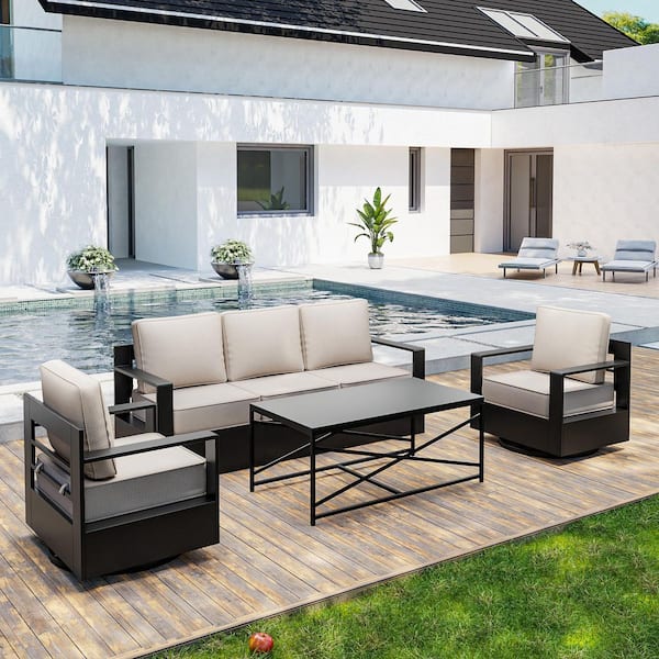 4-Piece Modern Metal Outdoor Patio Furniture Set Swivel Chairs with Beige Cushions and Coffee Table