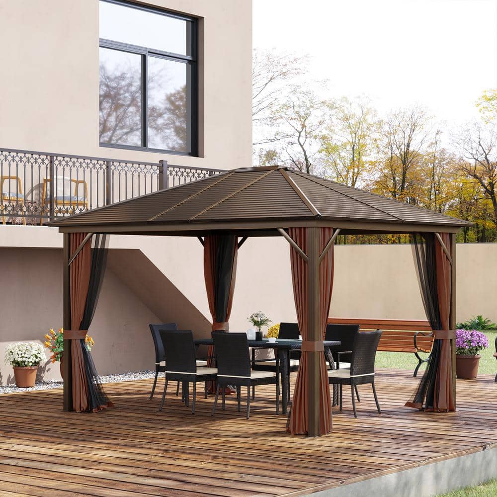 Outsunny 12' x 10' Brown Aluminum Hardtop Gazebo with Curtains
