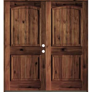 60 in. x 80 in. Rustic Knotty Alder Arch Top Red Mahogony Stain/V-Groove Left-Hand Wood Double Prehung Front Door