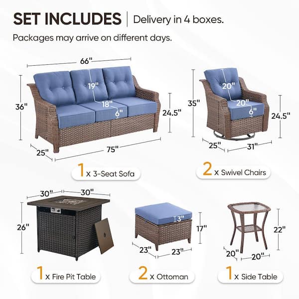 Modern Farmhouse 7-Piece Square Brown Wicker Fire Pit Conversation Set with Blue Cushions and Patio Swivel Chairs