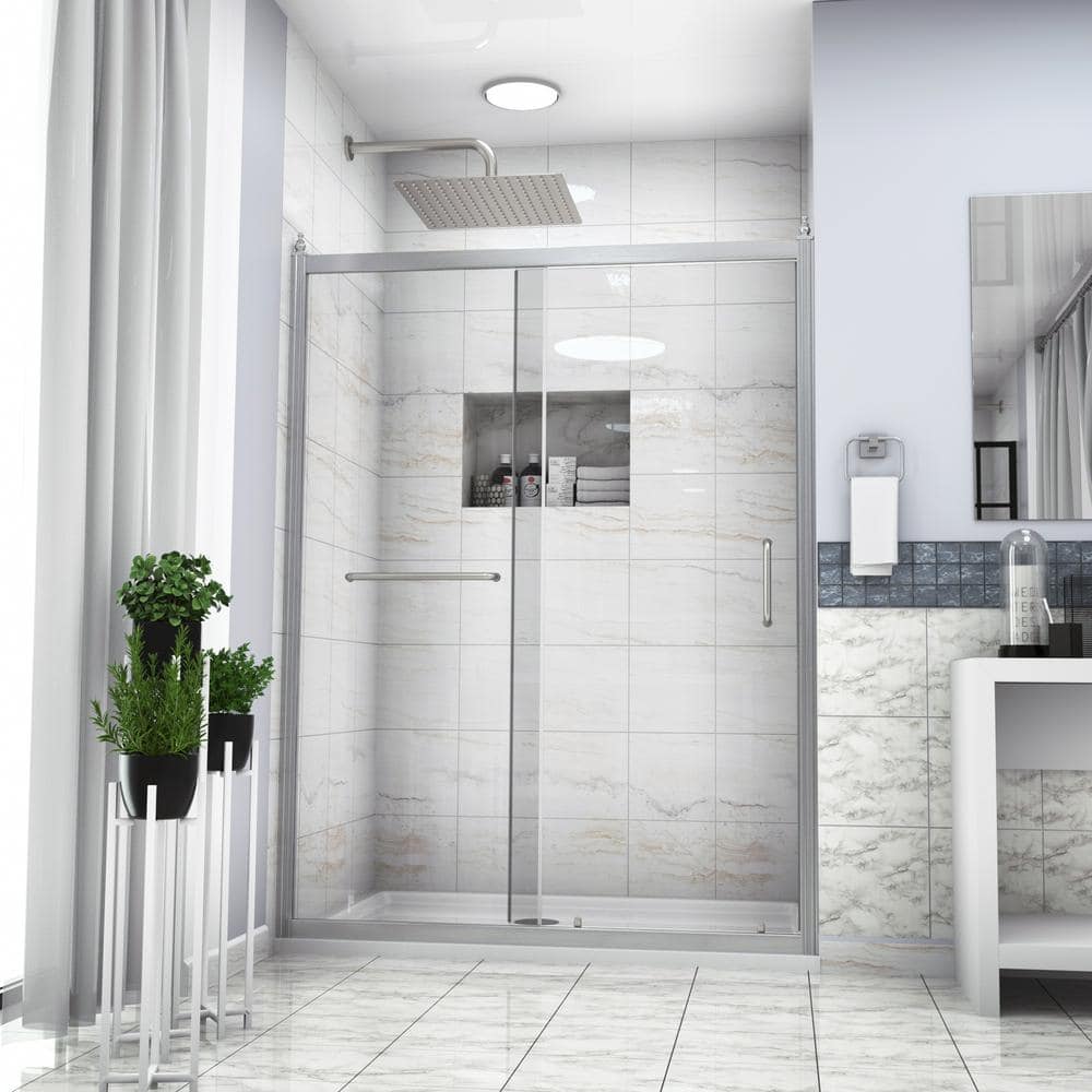 60 W x 72H Sliding Semi-Frameless Shower Door in Brushed Nickel Finish